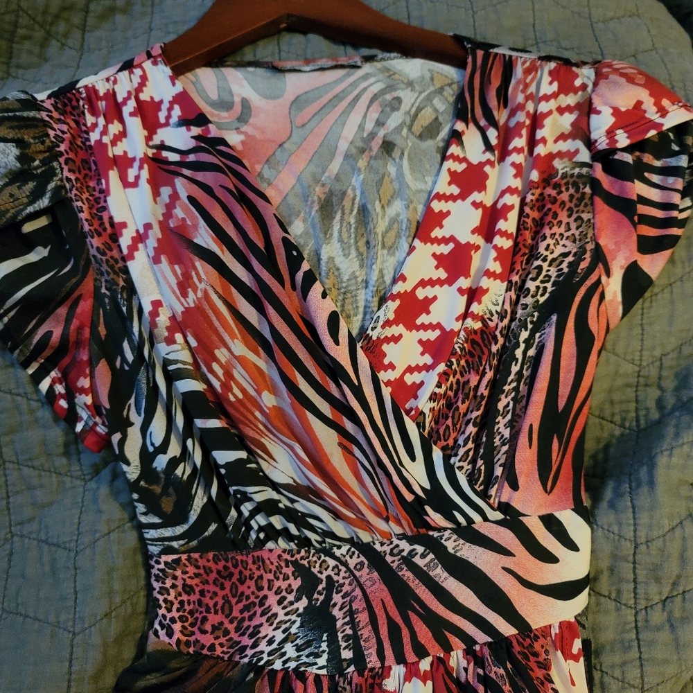 Red animal print cocktail wrap skirt dress, size small